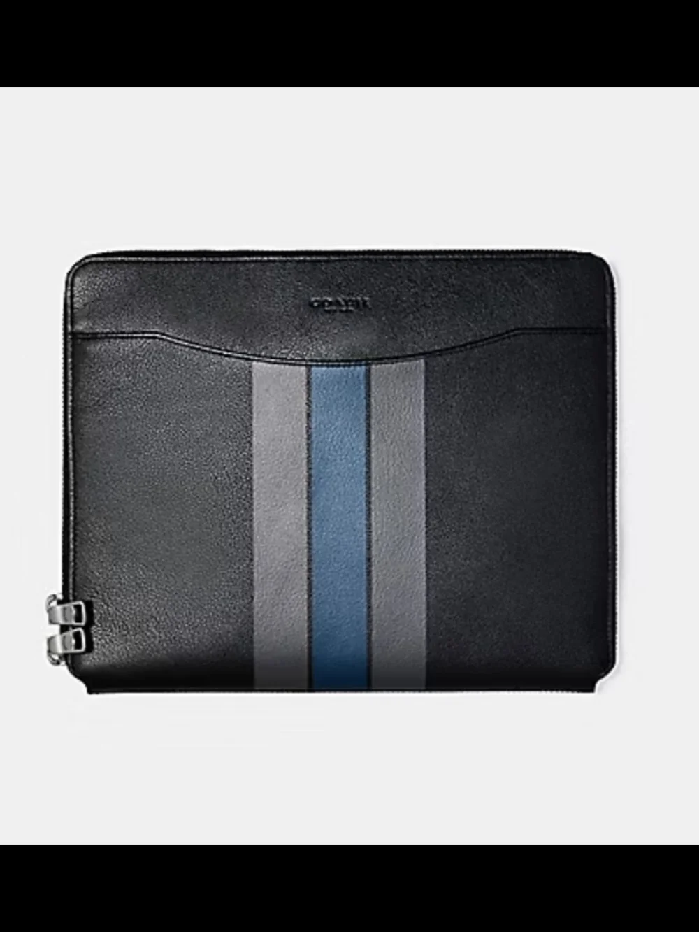 Coach Black Leather Laptop Folio with Blue & Gray Center Stripes